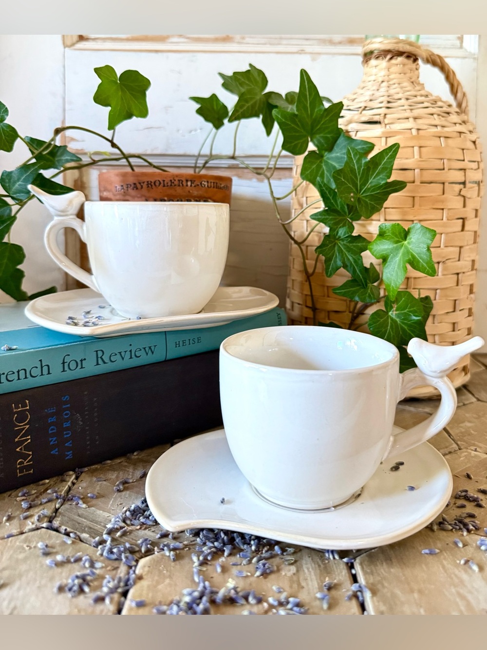 Vintage Set of 2-World Market “Bird on a Branch”  Teacups & Saucers, White & Tan